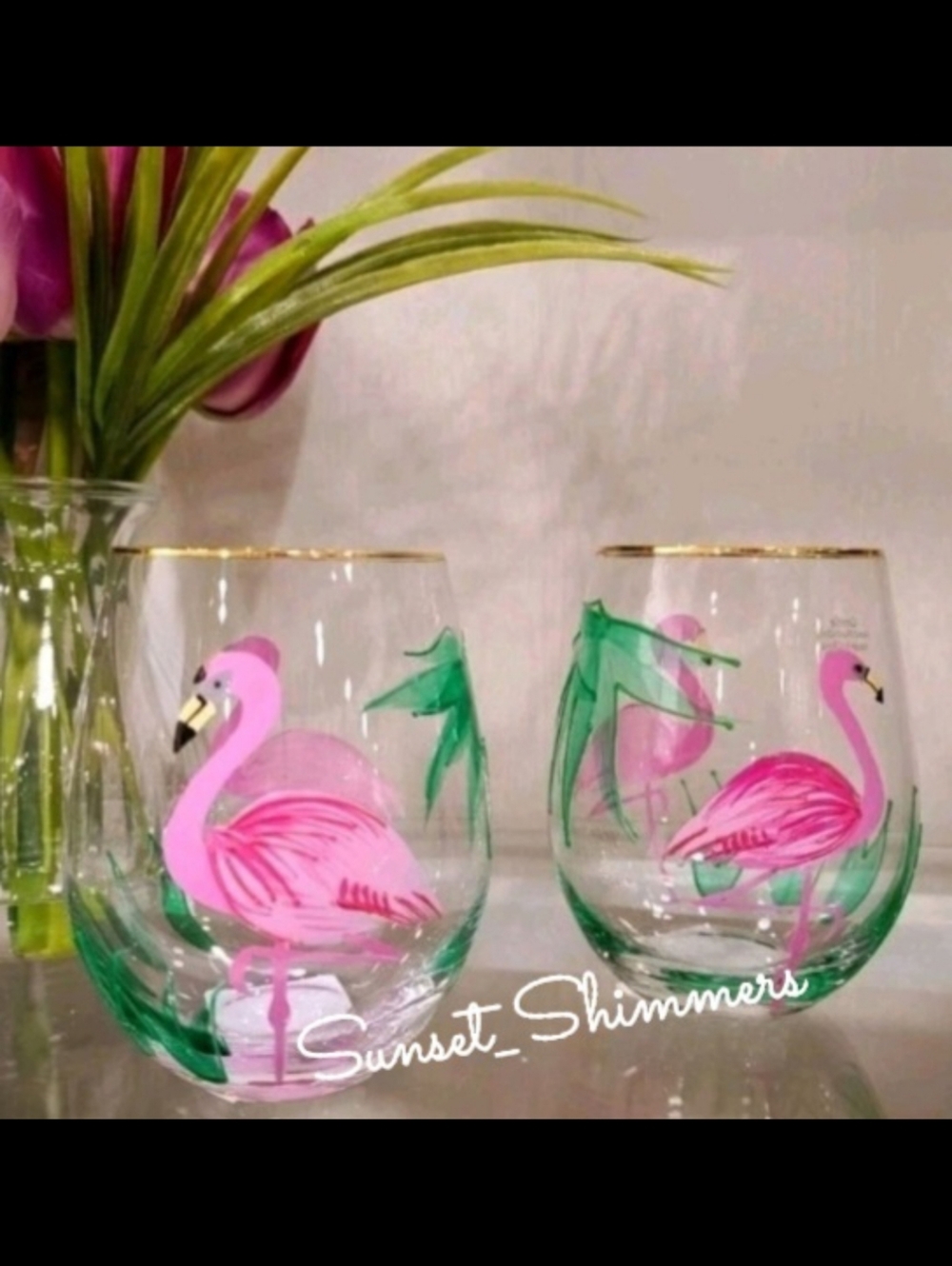 2 Hand Painted Stemless Flamingo Palm Wine Glasses Gold Rim Tropical Coastal New